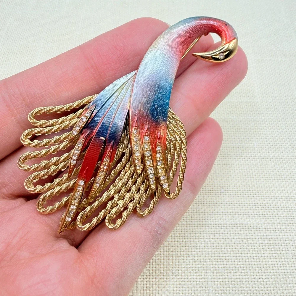 Vintage Blue and Red Glitter Enamel Gold Tone Peacock Bird Brooch Pin